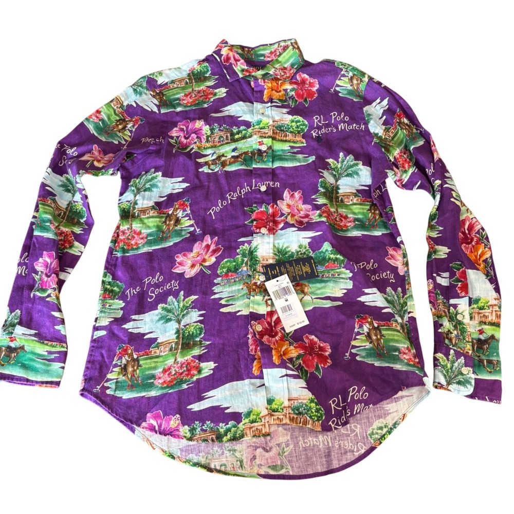 Polo Ralph Lauren Men's M Purple Polo Society Classic Tropical Linen Shirt NEW
